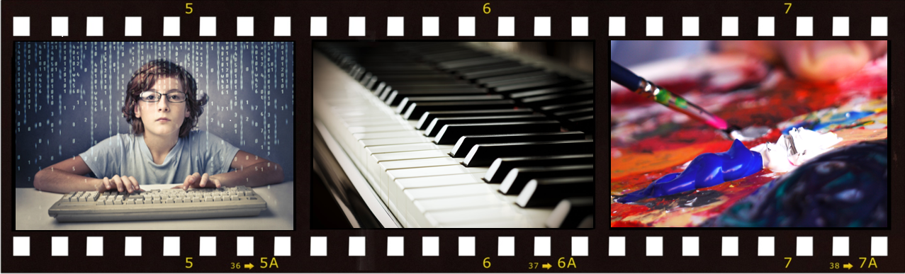 film strip with images of boy at computer, piano keys, and paint